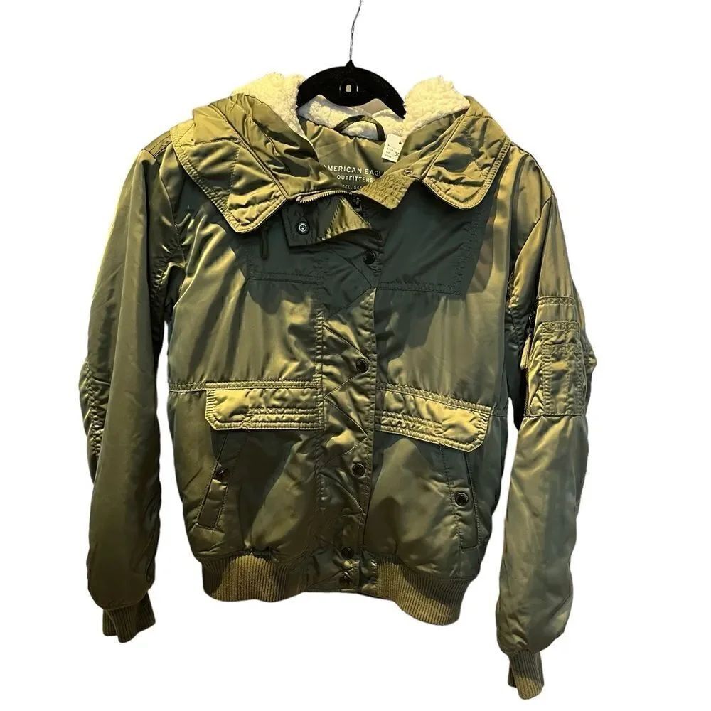 American Eagle Outfitters AE Women's Hooded Puffer Sherpa Jacket Green Size XS